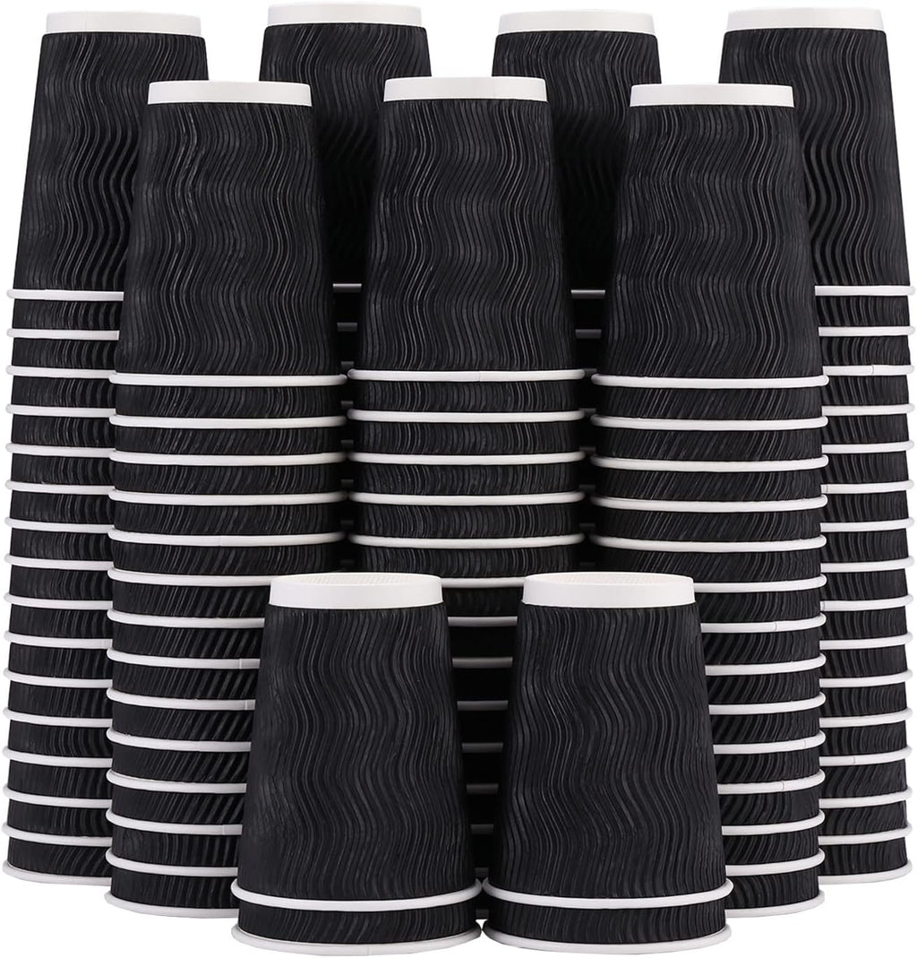 Lamosi 12 oz Disposable Coffee Cups - 120 Pack, Insulated Corrugated Paper Cups 12 oz, Kraft Ripple Wall Cups for Hot Beverage or Cold Drinks Office/Home/Party/Travel/Cafe (Black)