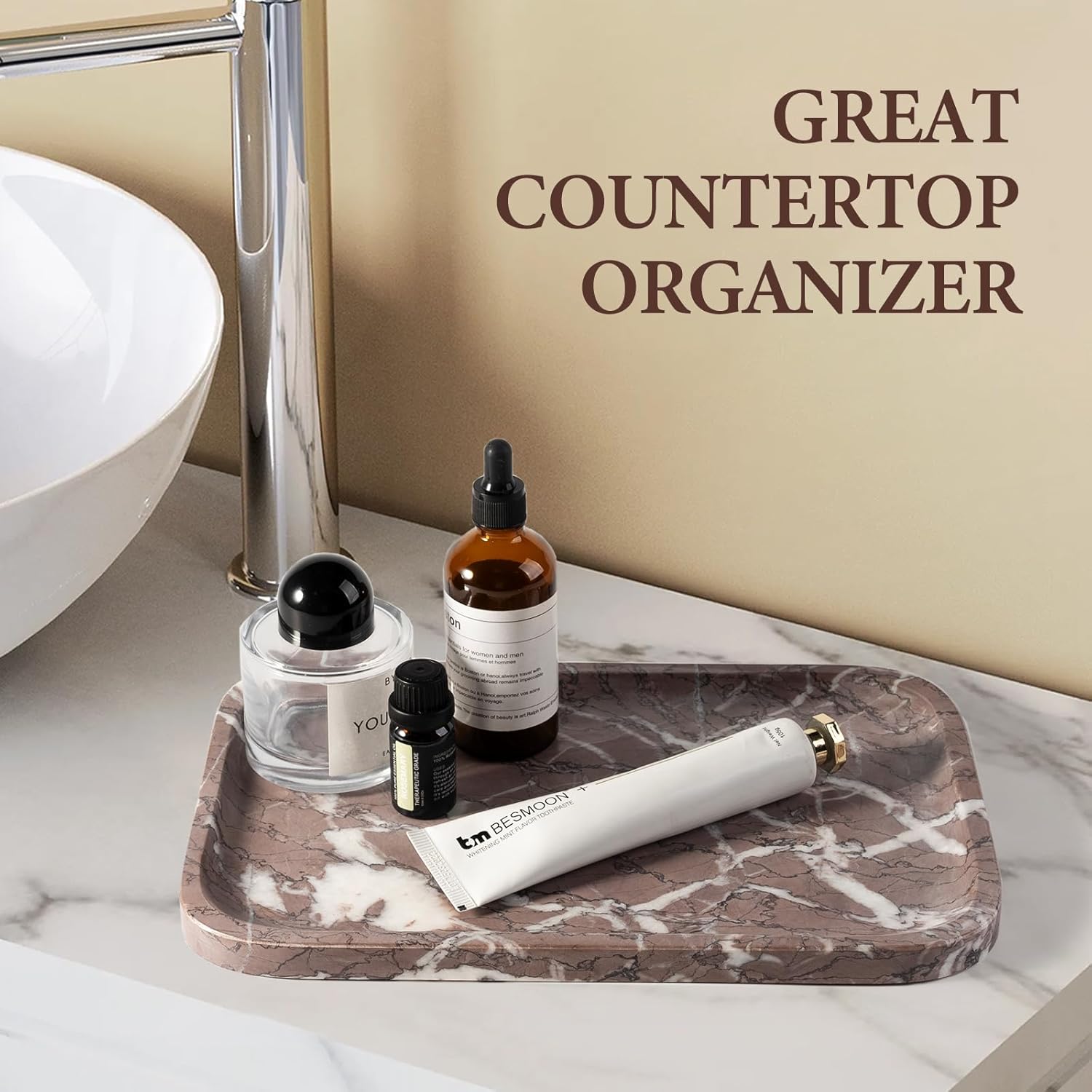 Koville Marble Tray, 12"x8" Marble Vanity Tray for Bathroom Kitchen Countertop, Rectangular Stone Tray for Cosmetics Perfume Trinket, Decorative Catchall Trays (Lilac)