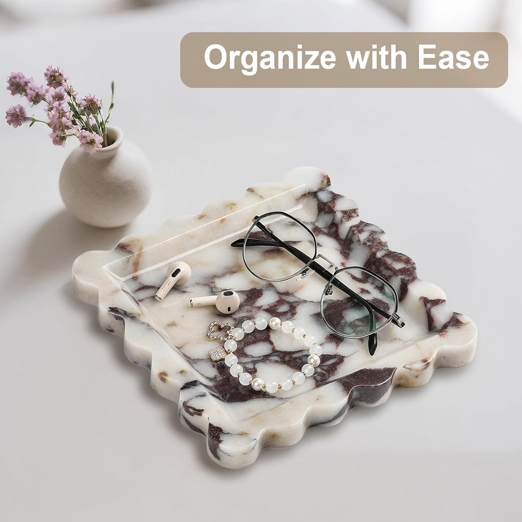 Natural Marble Vanity Tray - Moujings Genuine Marble Perfume Tray for Bathroom Decor, Stone Bathroom Vanity Organizer Tray for Kitchen Counter, Candles, Jewelry, Coffee, Makeup, Key