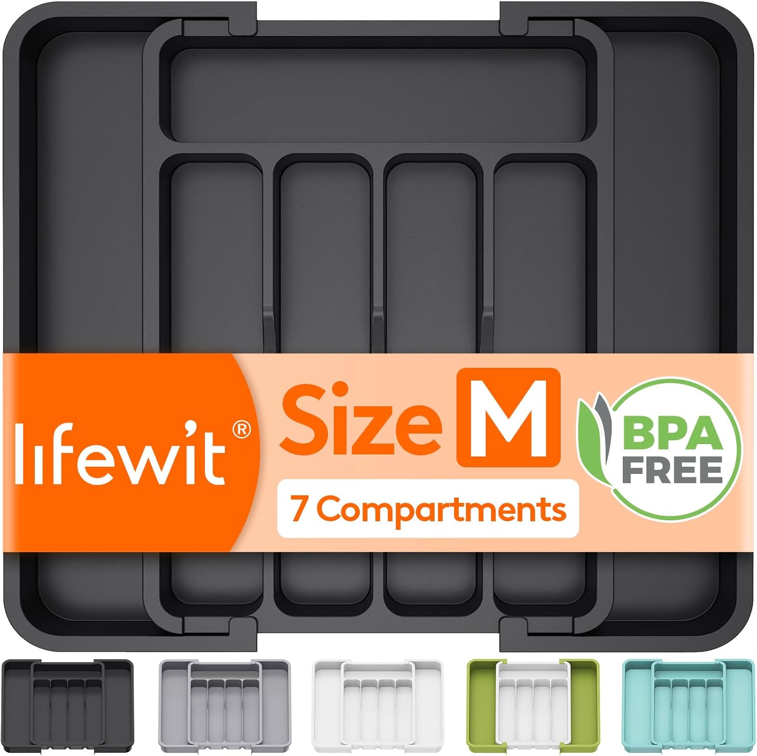 Lifewit Silverware Drawer Organizer, Expandable BPA Free Utensil Tray for Kitchen, Adjustable Flatware and Cutlery Holder for Spoons Forks Knives, Plastic Kitchen Organizers and Storage, Black