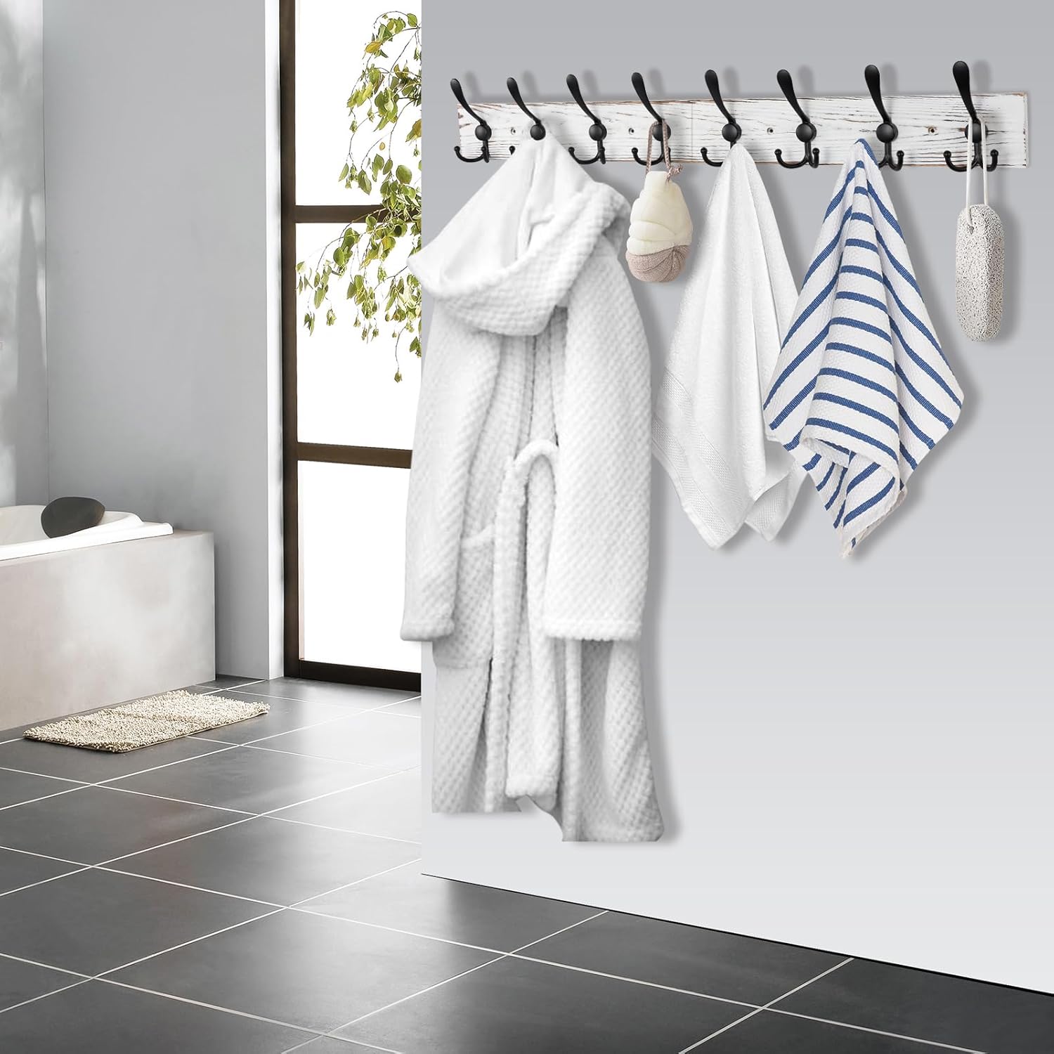 32.2'' Large Coat Rack Wall Mount Coat Hooks with 8 Metal Black Triple-Hooks Old White Pine Real Wood Plank Hat Rack for Wall Hooks