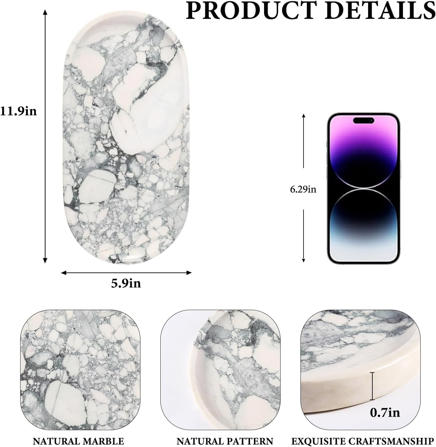 Koville Natural Marble Tray for Bathroom Countertop, Marble Vanity Trays for Perfume, Cosmetics, Jewelry, Decorative Tray for Dresser Organizer, Stone Storage Trays for Bathroom Decor(Grey)