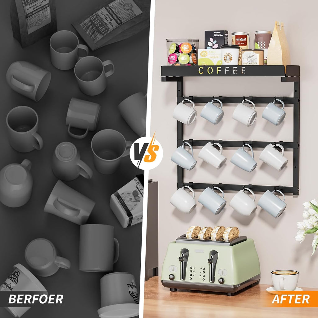 RCHYFEED Coffee Mug Holder Wall Mounted, Mug Rack Organizer for Home Kitchen Display and Collection, Metal Cup Holder Mug Tree with Adjustable 12 Hooks and Storage Shelf for Coffee Pods Sugar Bags