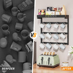 RCHYFEED Coffee Mug Holder Wall Mounted, Mug Rack Organizer for Home Kitchen Display and Collection, Metal Cup Holder Mug Tree with Adjustable 12 Hooks and Storage Shelf for Coffee Pods Sugar Bags