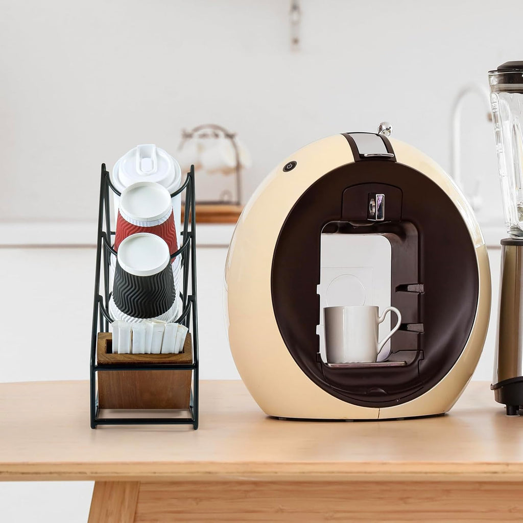 MyGift Industrial Matte Black Metal Wire & Acacia Wood Countertop Disposable Coffee Cup Organizer – Holder Rack for Cups, Lids, Straws, and Stirrers