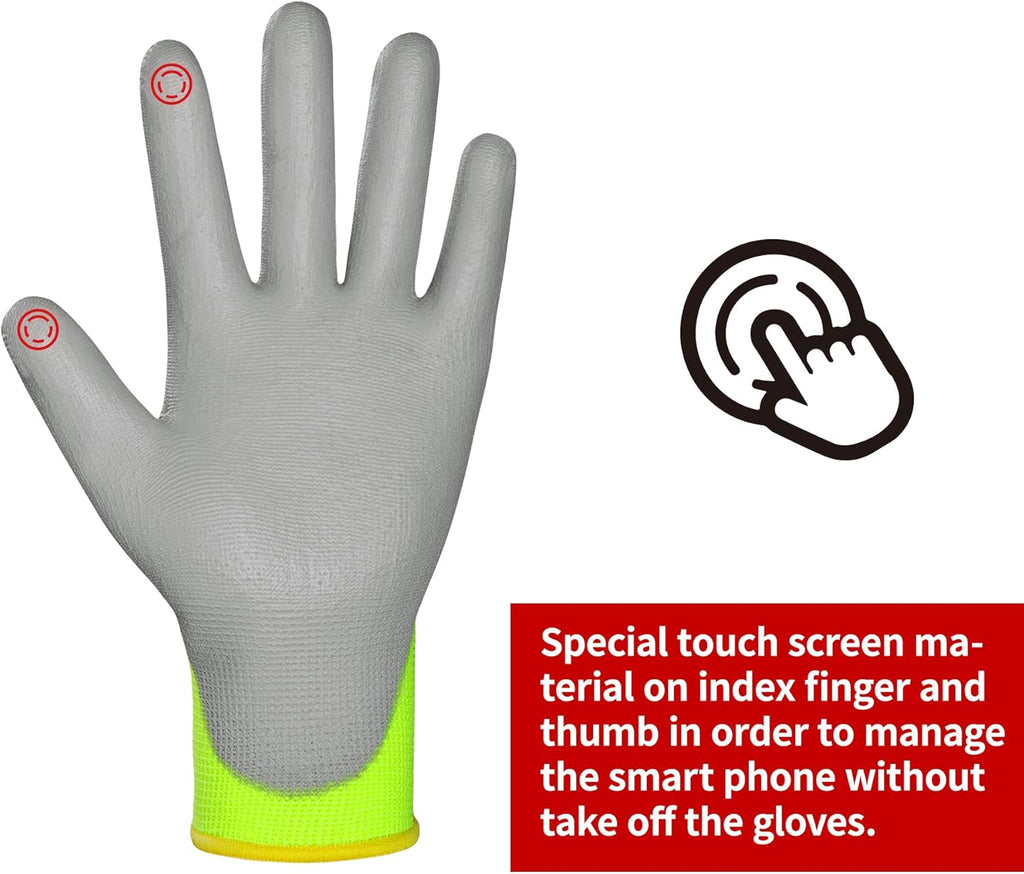 DULFINE Safety Work Gloves PU Coated for Men and Women-12 Pairs,Hi-Vis Seamless Knit Glove with Two Fingers Touchscreen,Ideal for General Duty Work (Extra Large)