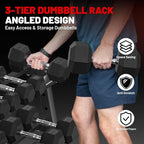 PAPABABE Hex Dumbbell Set with Rack, Rubber Encased Free Weight with Weight Storage Racks, Multiple Weight Options for Home Gym and Fitness