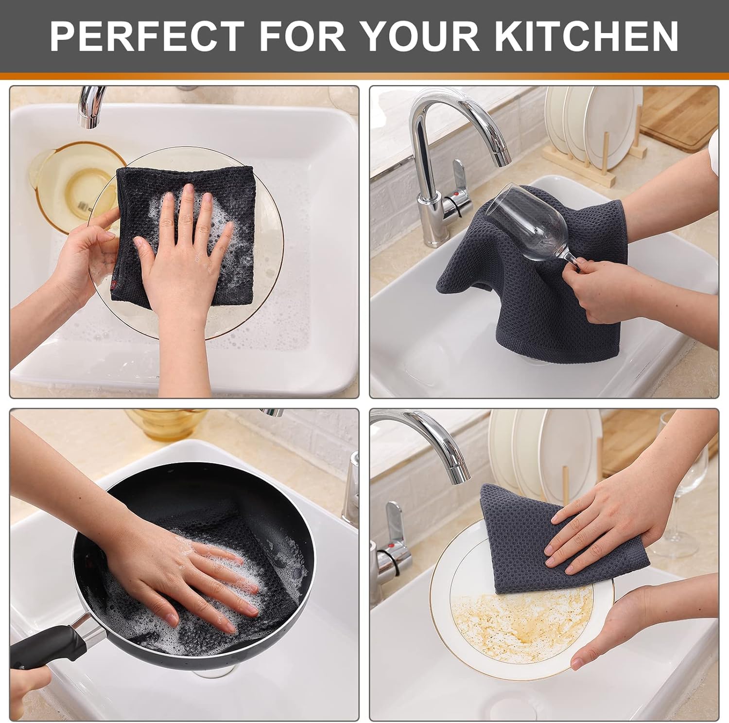 Kitinjoy 100% Cotton Waffle Weave Kitchen Towels, 8-Pack Super Soft and Absorbent Dish Towels for Drying Dishes, Kitchen Hand Towels, 13 in x 28 in, Dark Grey