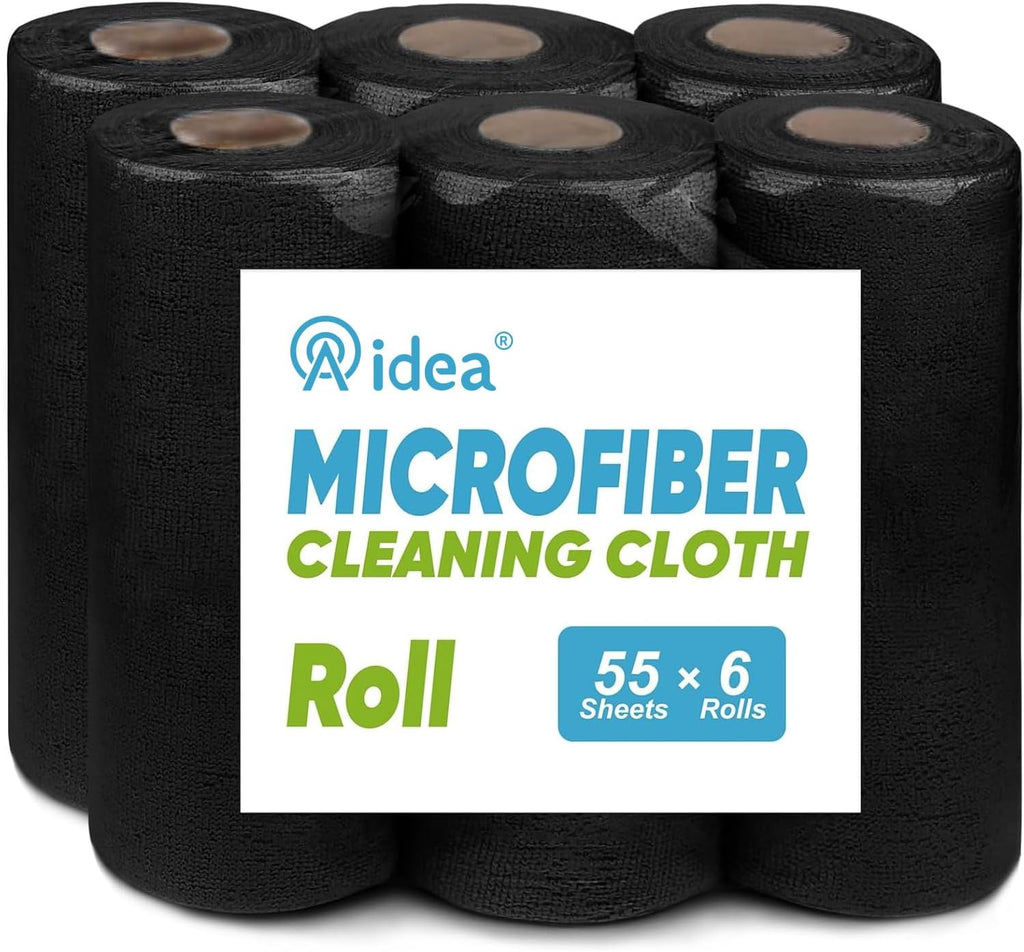 AIDEA Microfiber Cleaning Cloth 330 Sheets 6 Roll, Black Microfiber Towels for Cars, Shop Rags Washable, Cleaning Rags Reusable Paper Towels for Automotive, Mechanic, Workshops, House, 11×9"