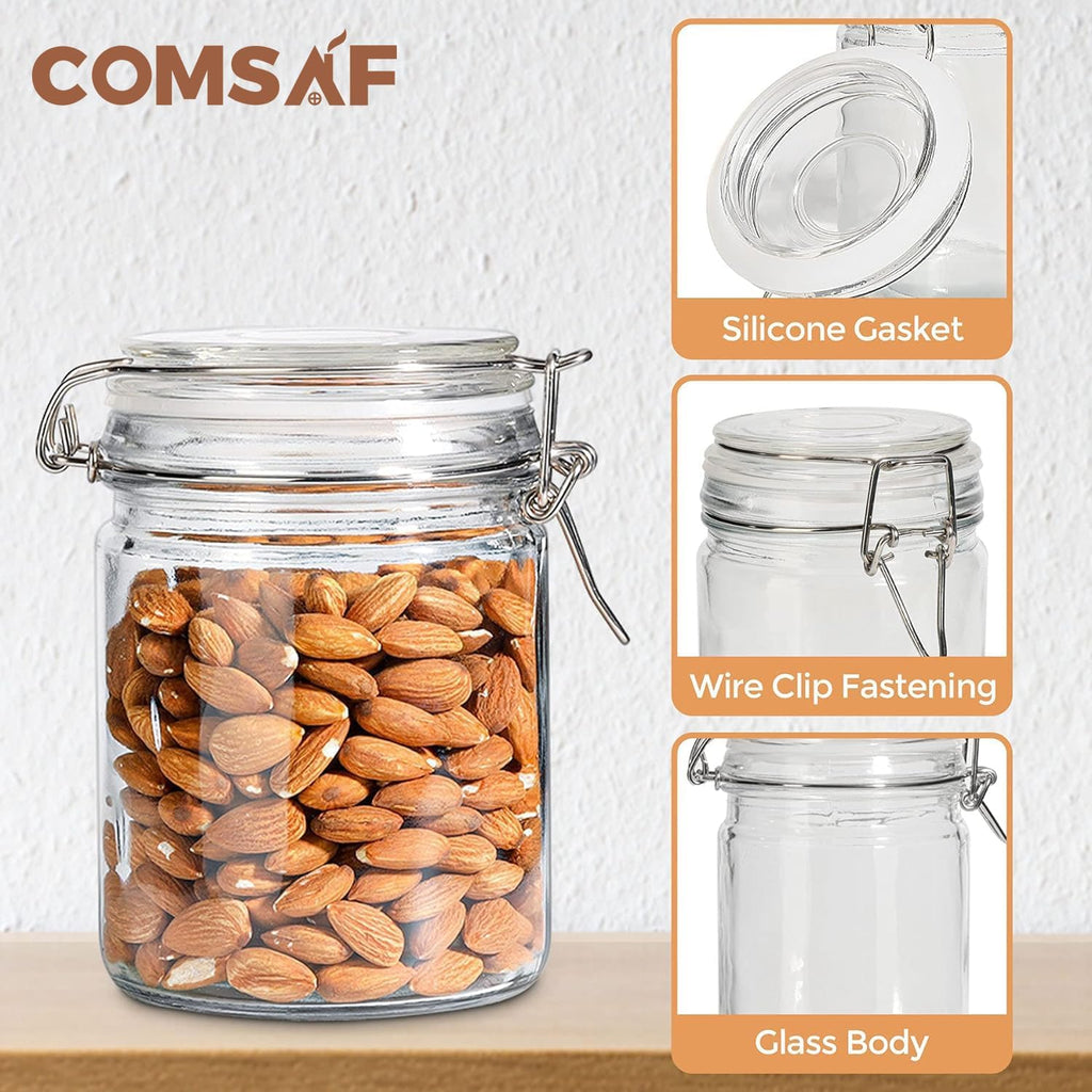 ComSaf Airtight Glass Canister with Lid Set of 6, 25oz Food Storage Jar, Mason Jars, Storage Container with Seal Wire Clamp Fastening for Kitchen Fermenting Preserving Canning Pasta Flour Cereal