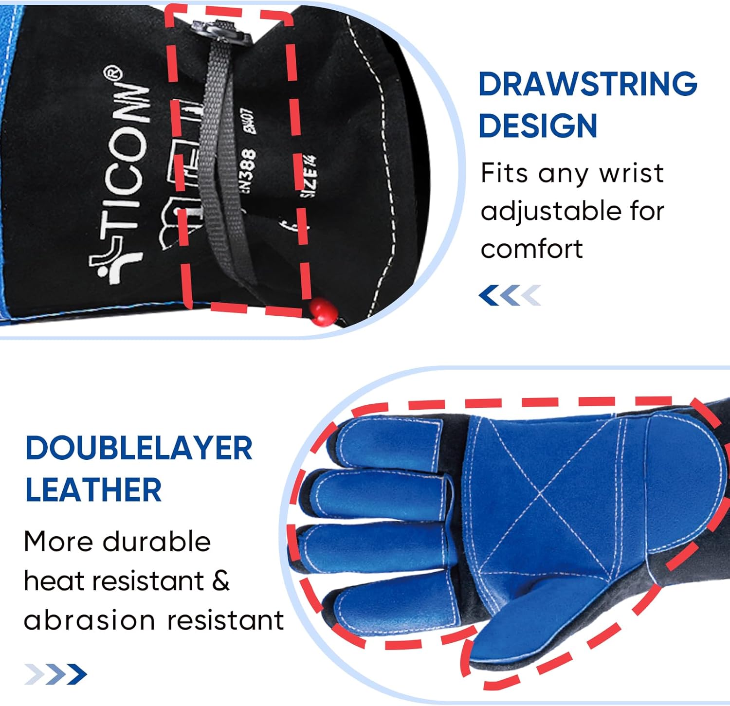 TICONN Welding Gloves, 1000°F Heat-Resistant Fireproof Leather Gloves for Welders, Stick, Forge, Mig, Tig, BBQ, Baking, Oven