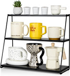 PUERSI Coffee Mug Holder, Metal Mug Display Rack for Countertop, 3 Tier Mug Shelf, Coffee Station Accessories Organizer for Kitchen, Office, Home - Black