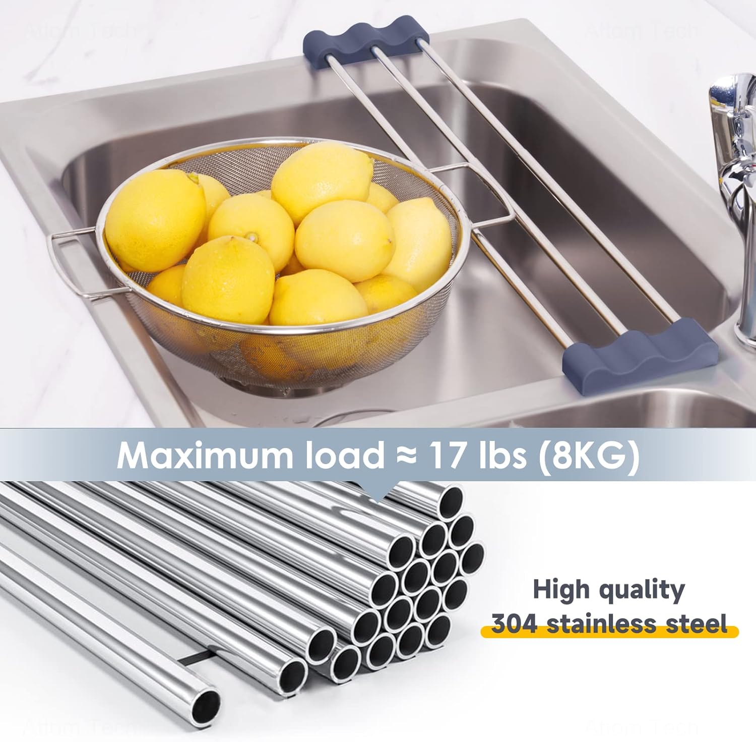 Tomorotec Adjustable Over-The-Sink Kitchen Rack for Dishcloths, Sponges, Bottles and Brushes - Heat-Resistant Stainless Steel with Slim, Expandable Design and Multifunctional Silicone Holder