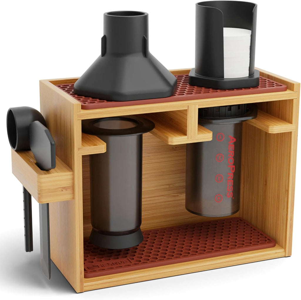 HEXNUB – Bamboo Organizer for AeroPress, Coffee Caddy Station Holds AeroPress Coffee Maker, Accessories, Filters, Cups, Stand includes Dripper Mats (Brown)