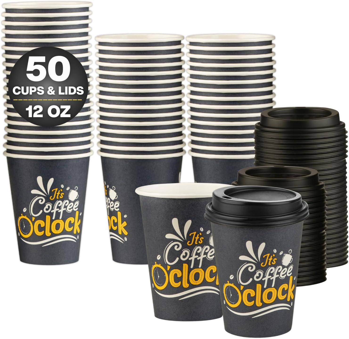 Smygoods Disposable Coffee Cups with Lids, To Go Paper Hot Cups, Coffee O'Clock Design (12 OZ, 50 Count) For Hot Beverages, Coffee, Tea, Espresso, Cocoa - Vasos Para Cafe