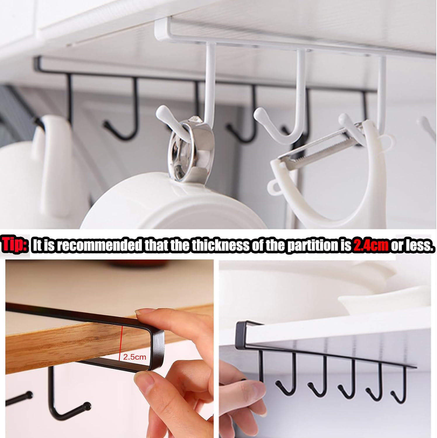 6PCS Mug Hooks Under Cabinet,Mug Holder Under Shelf,Coffee Cups Holder Hanger with 6 Hooks for Kitchen Utensils,Fit for 0.95 inch Thickness or Less,Drilling Free (White)