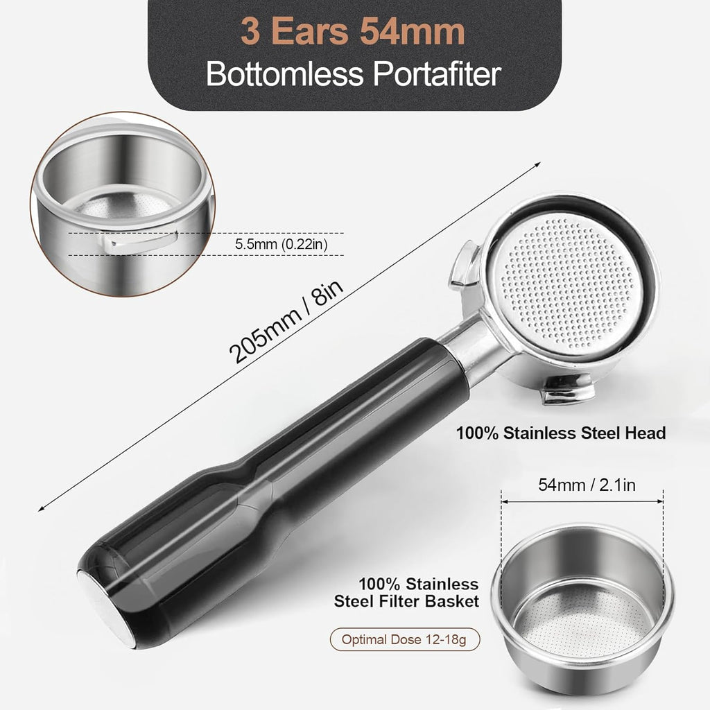 54mm Bottomless Portafilter & Puck Screen, 3-Ear Stainless Head, Compatible with Breville Barista Pro, Bambino Plus, Barista Express Impress, Infuser, Barista Touch, Duo-Temp Pro & Bambino