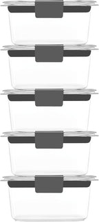 Rubbermaid Brilliance BPA-Free Food Storage Containers Multi Pack, 1.3 Cup Plastic Containers with Lids, 5 Pack, Leak Proof, Microwave & Dishwasher Safe