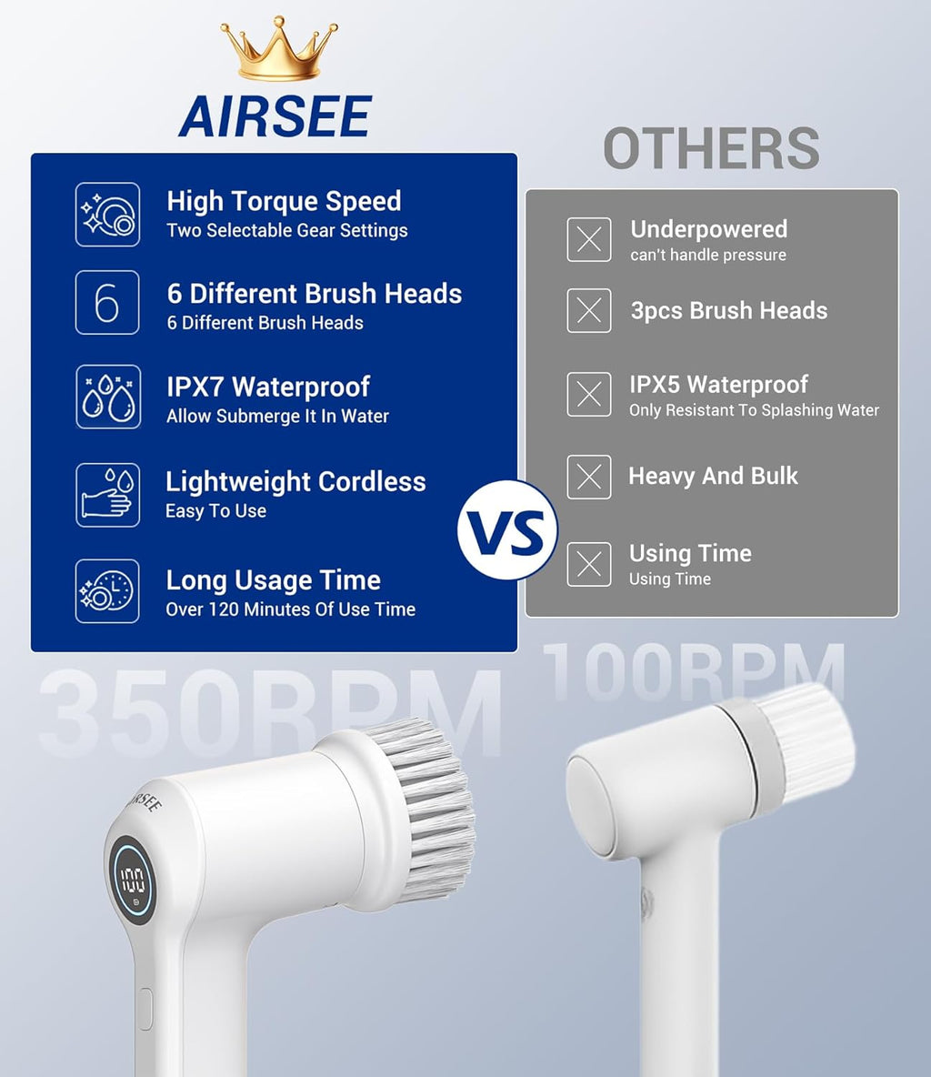AIRSEE Cordless Electric Spin Scrubber, Handheld Power Shower Cleaner Brush, 2 speeds, 6 Replaceable Brush Heads for Cleaning Floor, Window, Bathroom, Kitchen, for Elderly & Busy Family
