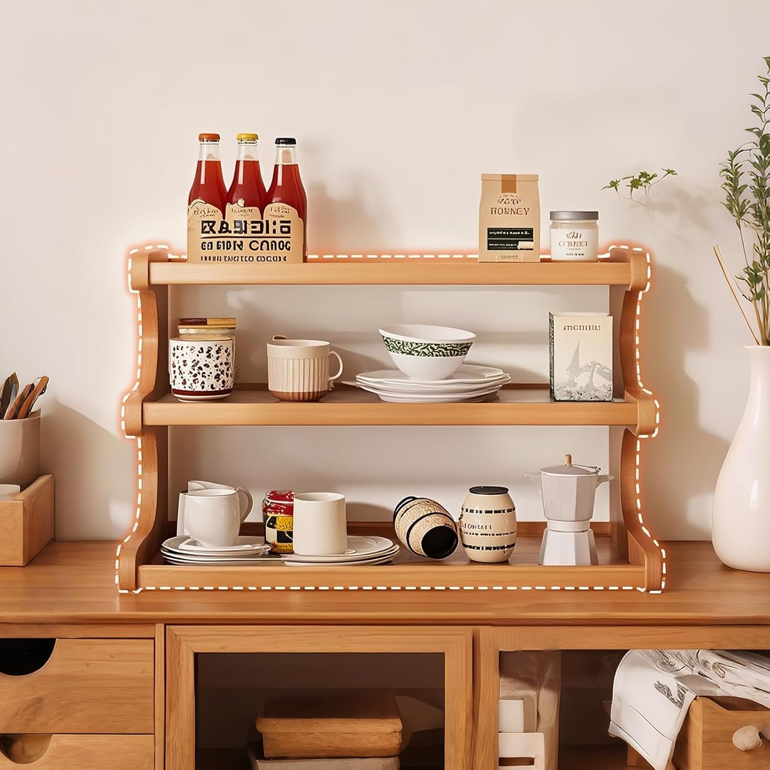 Coffee Station Organizer 3 Tier Coffee Mug Shelf Bamboo Cup Holder Acrylic Home Storage Mugs Hooks for Kitchen Countertops, Tea Bar Accessories, Matcha Stand, Cups, Condiment Storage Rack