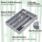 Bamboo Silverware Holder - Drawer Organizer with 5 Slots (Gray)
