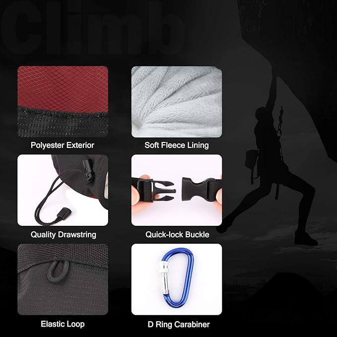 Rhino Valley Climbing Chalk Bag, No Leak Drawstring Chalk Bag with Adjustable Belt, Carabiner Clip and Zippered Pockets Chalk Bag for Climbing, Cross Fit, Weight Lifting & More