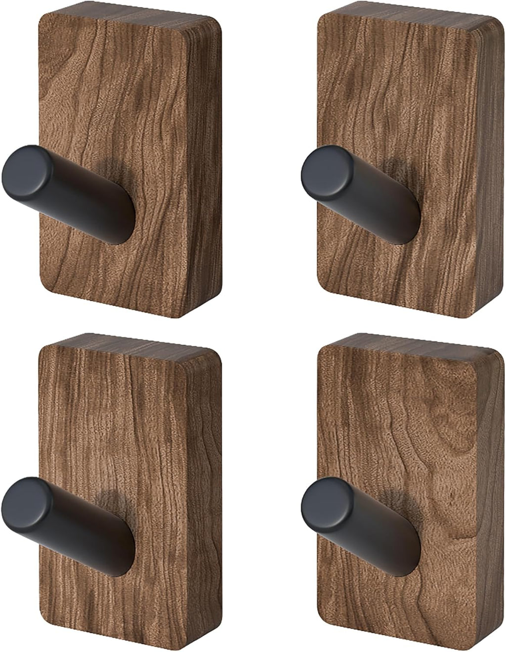 4 PCS Black Walnut Wood Wall Hooks, Adhesive Mounted & Wall Mounted Rustic Decorative Entryway Hooks, Mid Century Modern Natural Wooden Pegs for Hanging Coat Clothes Hat Bag Purse and Towel