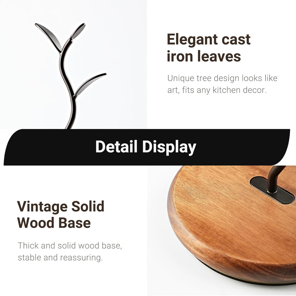 Sturdy Countertop Mug Tree with Solid Wood Base, Delicate Cast Iron Coffee Mug Holder, Countertop Coffee Cup Holder for Large Cups, Minimalist Mugs & Tea Cup Storage Rack (Set of 2)