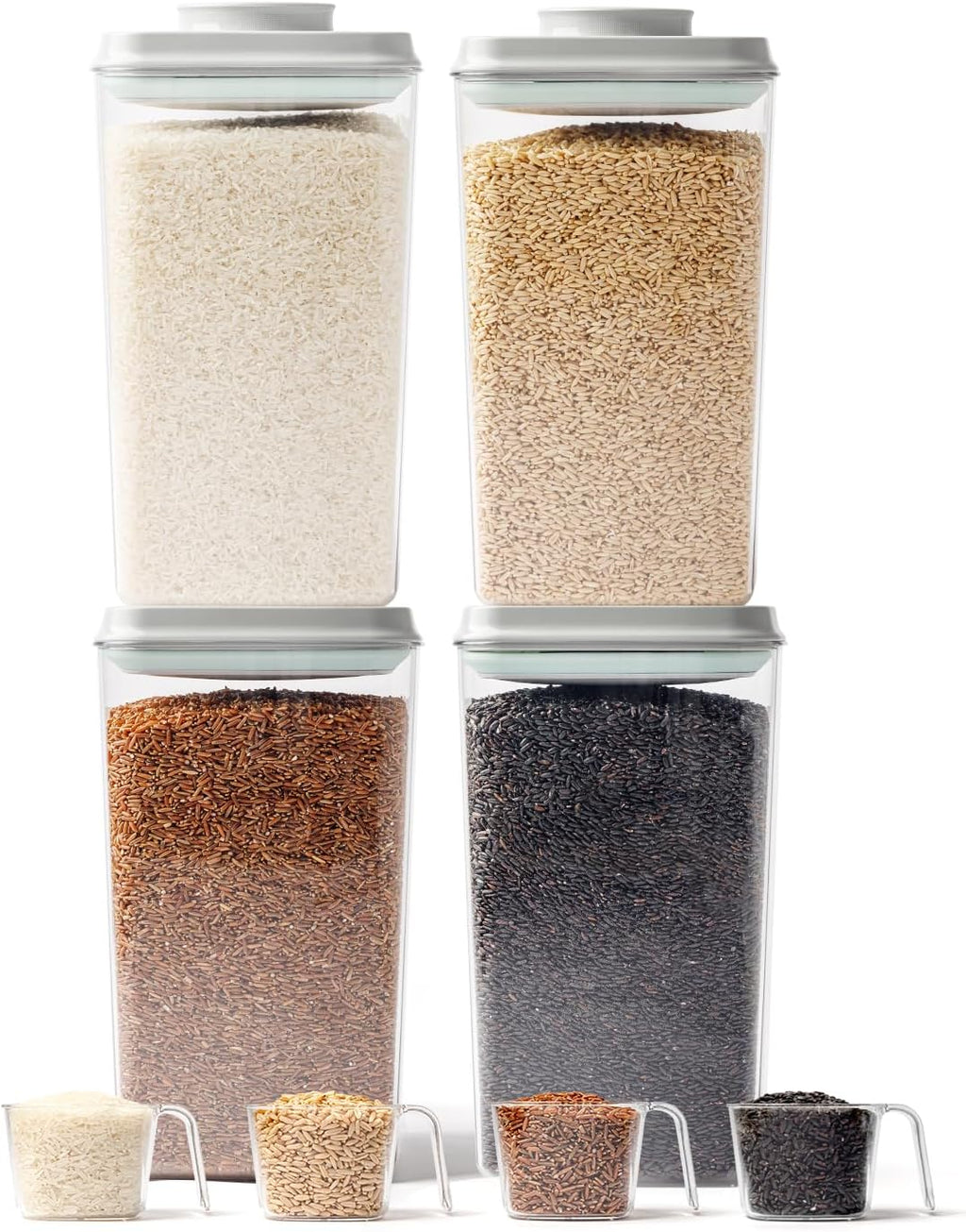 4 Pack Airtight Food Storage Containers with One-Hand Pop Lid, 4.23Qt Rice & Grain Organizer Set with Measuring Scoop, Stackable BPA-Free Kitchen Pantry Bins for Flour, Rice, Cereal, Pet Food