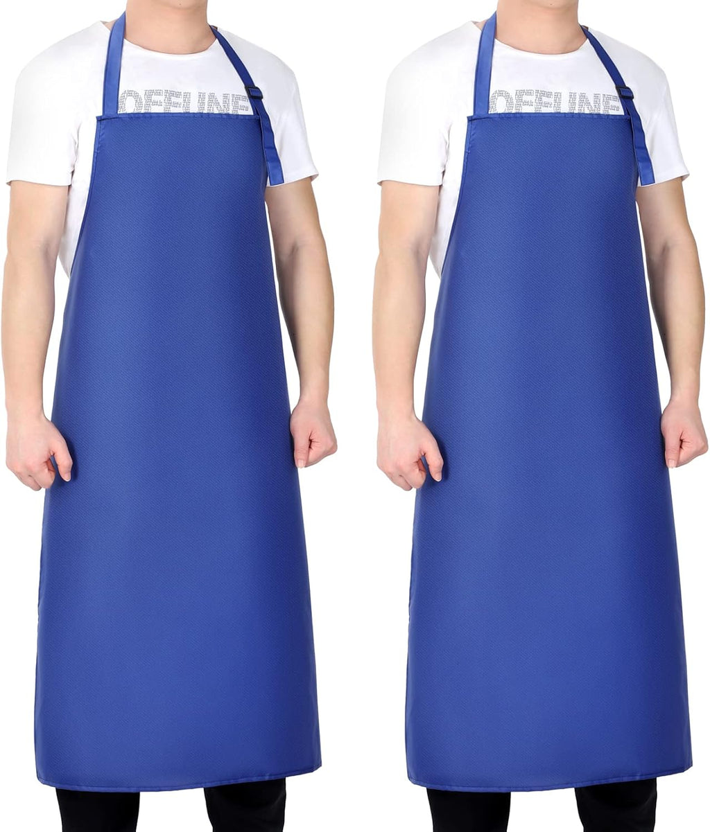 2 Pack Waterproof Rubber Vinyl Apron 40 Inch Light Duty Model Chemical Resistant Work Apron Clothes Durable Extra Long Black with Adjustable Bib Apron for Dishwashing Lab Work Butcher Cleaning Blue