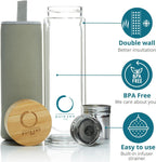 Pure Zen Tea Infuser Bottle - Insulated Glass Bottle for Loose Leaf Infusions - Tea Tumbler with Infuser - Portable Travel Mug for Infused Water - Thermos with Diffuser on the Go - 15 oz