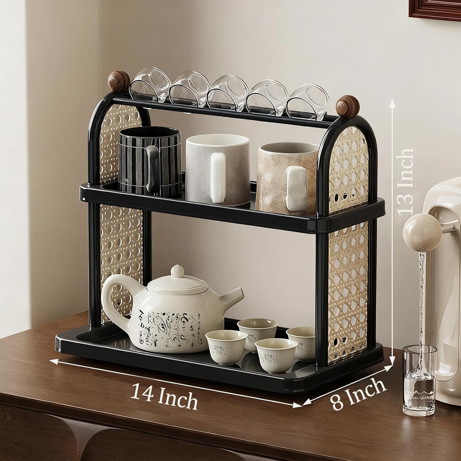 2-Tier Rattan Organizer Vintage Coffee Mug Cup Holder for Countertop Kitchen Bedroom and Living Room, Saucer Bottle Storage Kitchen Accessories (Black)