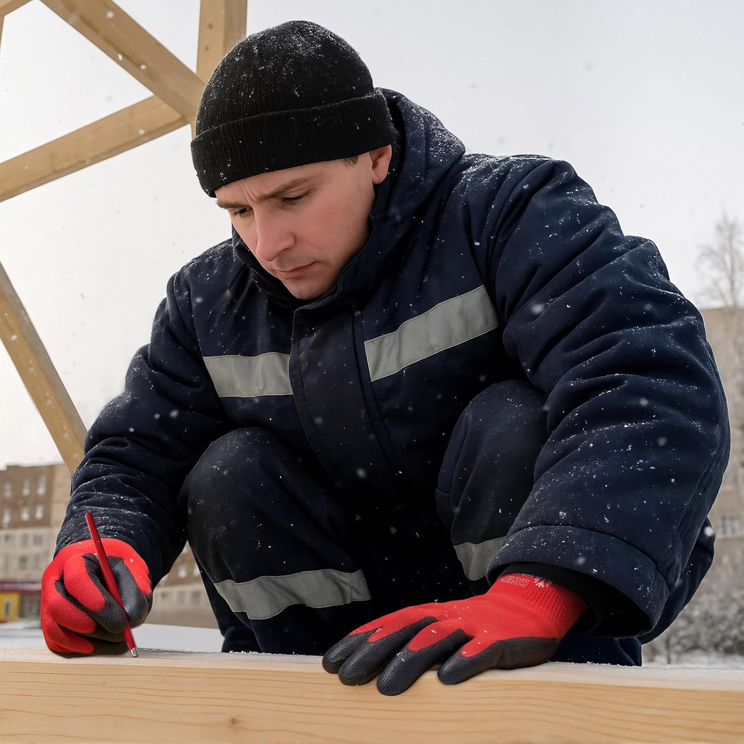 KAYGO Winter Work Gloves for Men and Women, 12 Pairs Thermal Insulated Safety Work Gloves PU Coated, Smooth Grip on Palm & Fingers,Ideal for Freezer Work,Red,XL