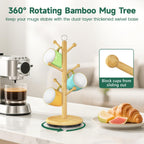 EsLuker.ly Mug Holder Tree Bamboo 360° Rotating Coffee Cup Display Rack with 6 Hooks for Home Kitchen Counter, Upgrade Wood Mug Stand Station Organizer, Building Your Dream Coffee Corner