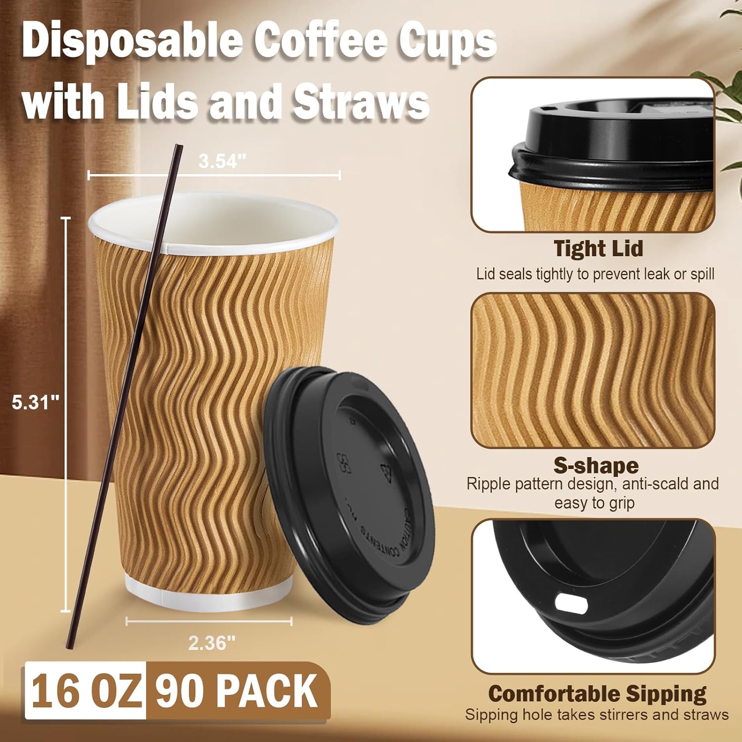 80 Pack 16 OZ Disposable Coffee Cups with Lids and Straws, Insulated Paper Coffee Cups with Lids, Corrugated Ripple Wall To Go Cups for Hot Drink, Coffee, Hot Chocolate, Water, Juice - Champagne