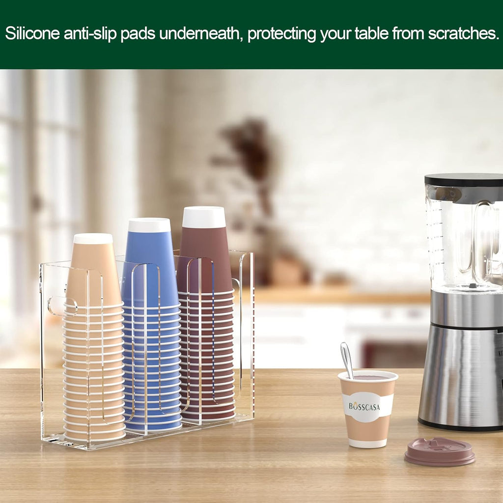 Disposable Coffee Cup Dispenser with Handles, Countertop or Wall Mount Hot/Cold Drink Cup and Lid Holder - Bathroom/Kitchen/Office Acrylic Cup Lid Storage Organizer (3 Compartments, Clear)