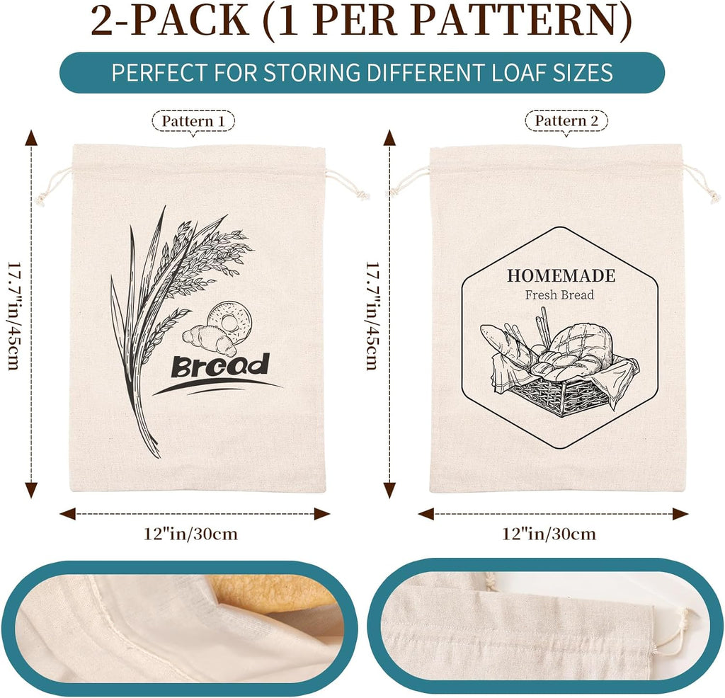 2 Pack of Bread Bags for Homemade Bread，Reusable Linen Sourdough Storage Bags with Plastic Liner,Cotton (17.7" x12")