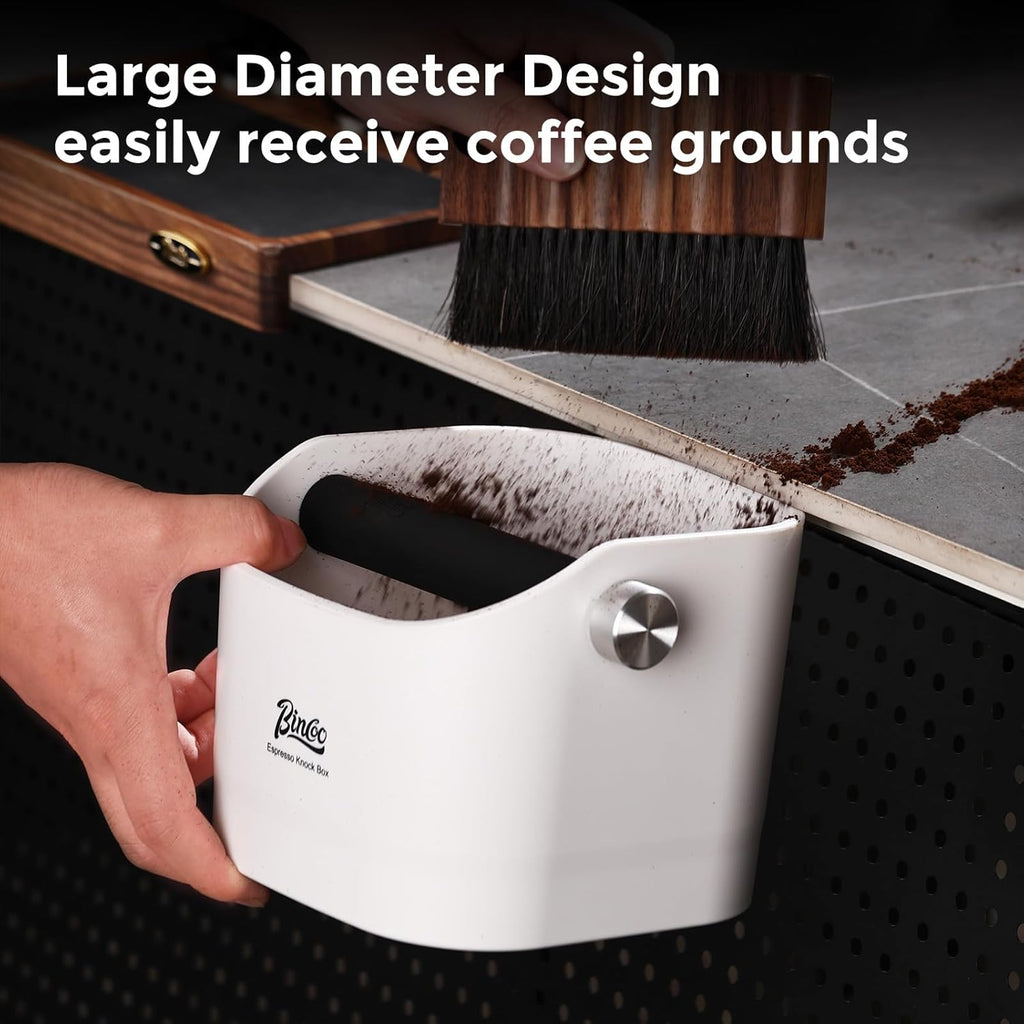 Bincoo Square Coffee Knock Box 0.8L – ABS Espresso Knock Bin with Non-Slip Base, Wide 4.6" Slanted Opening & Detachable Silicone Knock Bar for Easy Cleaning and Quiet Use(Black square)