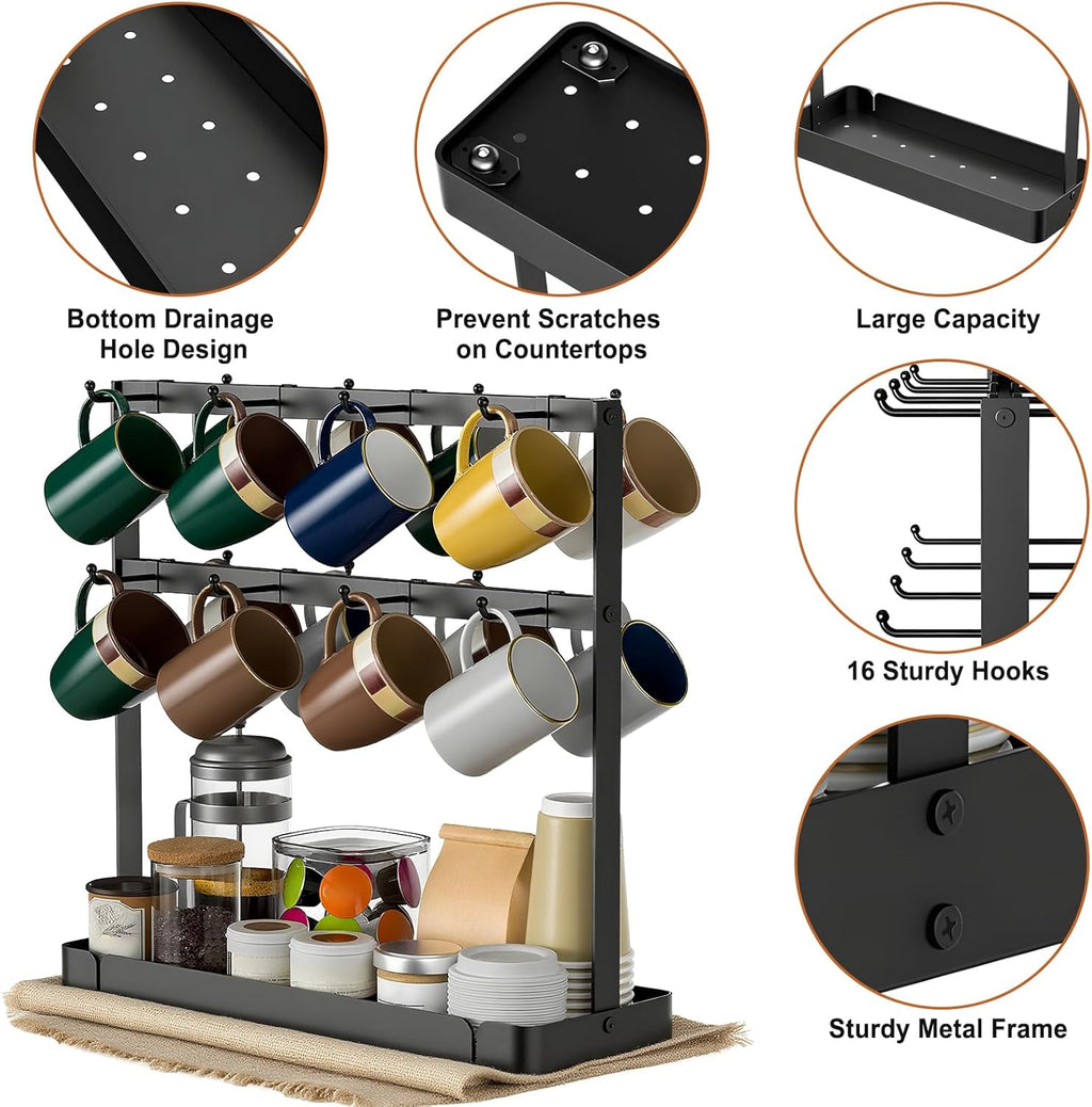 Coffee Mug Holder for Countertop, Cup Holder Rack with Slidable 16 Hooks, Large Mug Holder with Storage Base for Coffee Bar, Kitchen, Dining Room - Black