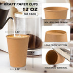 300 Pack 12 oz Kraft Paper Cups, Unbleached Disposable Paper Coffee Cups, Thickened Hot/Cold Beverage Drinking Cup for Party, Home, Cafes, Bistros, Businesses (Brown)