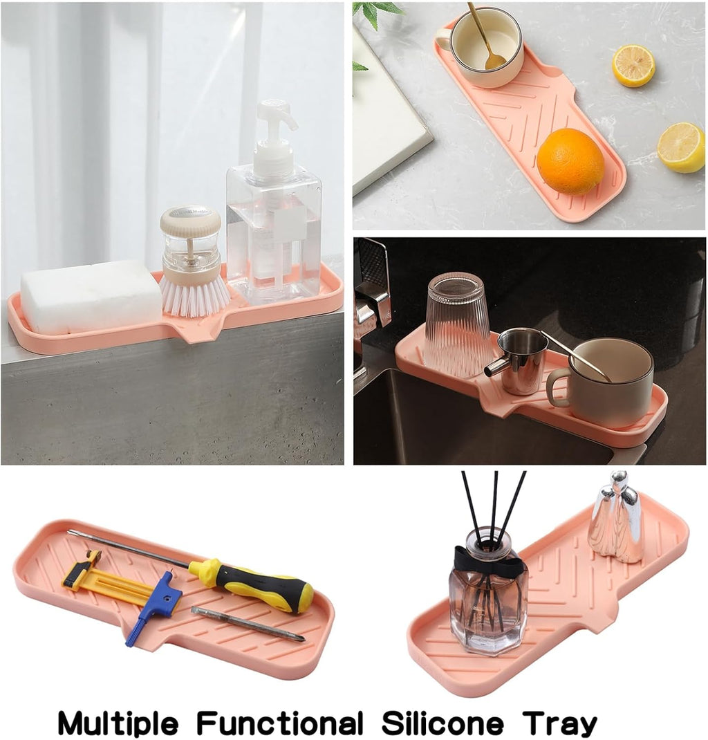 Silicone Bathroom Soap Dishes with Drain Spout-Bathroom and Kitchen Sink Organizer,Sponge Holder,Dish Soap Tray,Perfect for Dispenser,Scrubber,Bottle,Cup on Sink or Counter-Pink 12"×4"