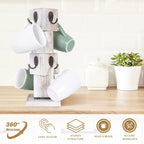 Rotated Coffee Mug Holder Tree with 360 Degree Turn, Rustic Wood Mug Tree Stand with 8 Hooks, Farmhouse Coffee Cup Holder for Counter, Mug Hanger for Kitchen Organizer, Farmhouse White