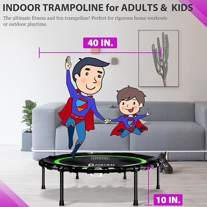 DARCHEN 400LBS Rebounder Trampoline for Adults, Indoor Mini Trampoline Silent Fitness Trampoline Small Bungee Rebounder Jumping Cardio Trainer Workout Exercise Workout with Handrail Bar [40 Inch]