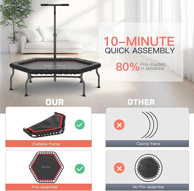 ANCHEER 50" Rebounder Trampoline for Adults With Bar, 550 LBS Mini Trampoline Quiet Exercise Bungee Jumping Cardio Trainer Workout