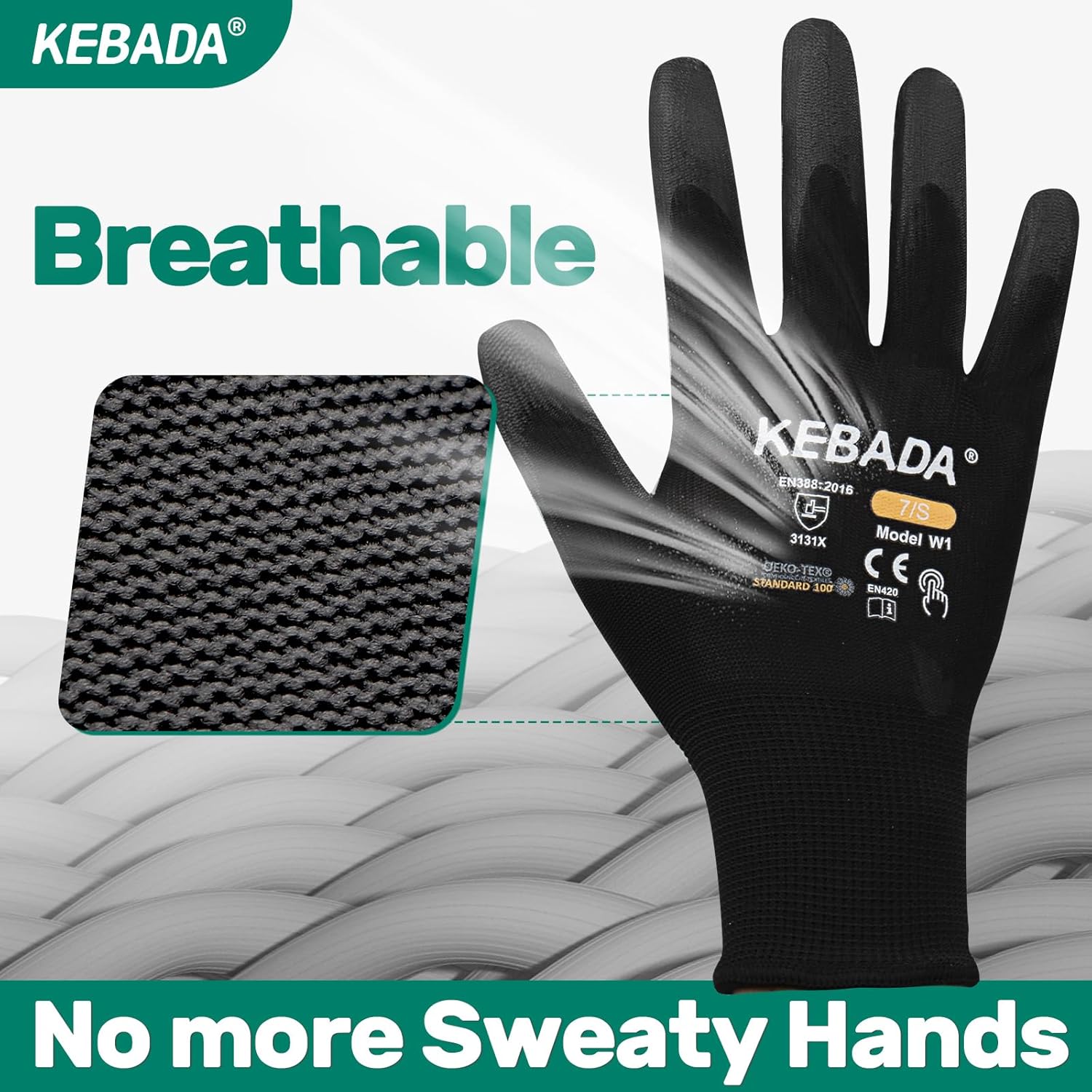 Kebada W1 Work Gloves for Men and Women, PU Coated Safety Gloves with Grip, Touchscreen, Ideal for Warehouse Package Handling, Construction, Gardening, Black XX-Large
