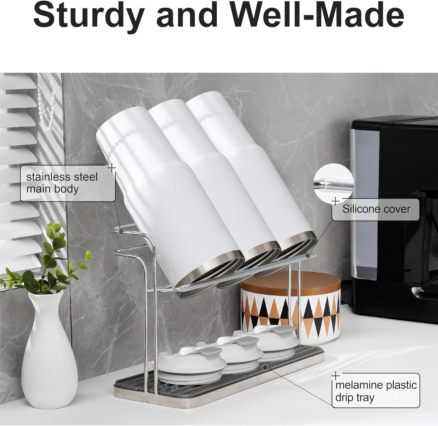 Stainless Steel Cup & Water Bottle Drying Rack with Removable Drip Tray, 2-Tier Space-Saving Mug Holder for Kitchen Countertop, Durable Rust-Resistant Cup Organizer for Coffee Mugs, Glasses, Tumblers