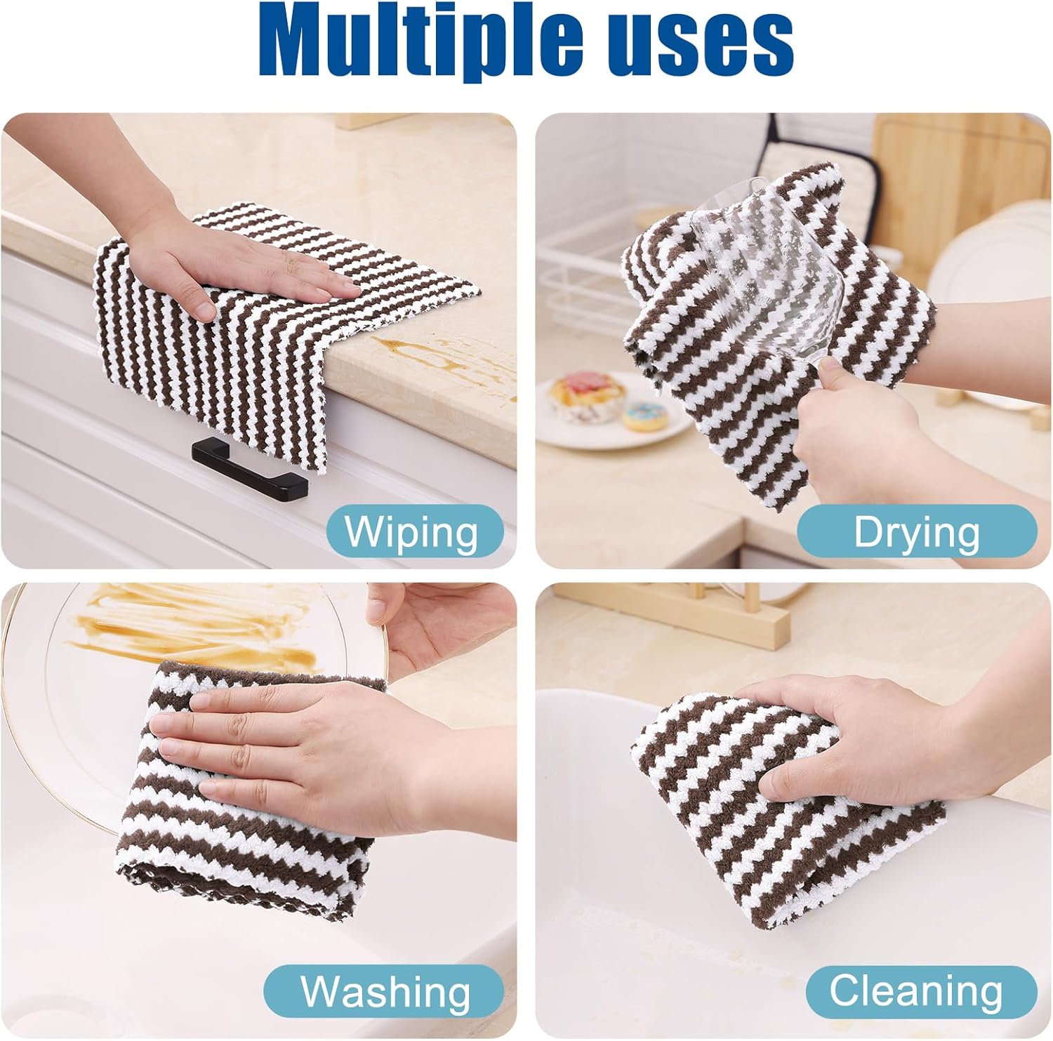 Homaxy 12 Pack Kitchen Dish Cloths, Ultra Soft and Absorbent Dish Towels, Reusable Fast Drying Microfiber Cleaning Cloth, Coral Velvet Wave Design No-lint, 10 x 10 inches, Brown