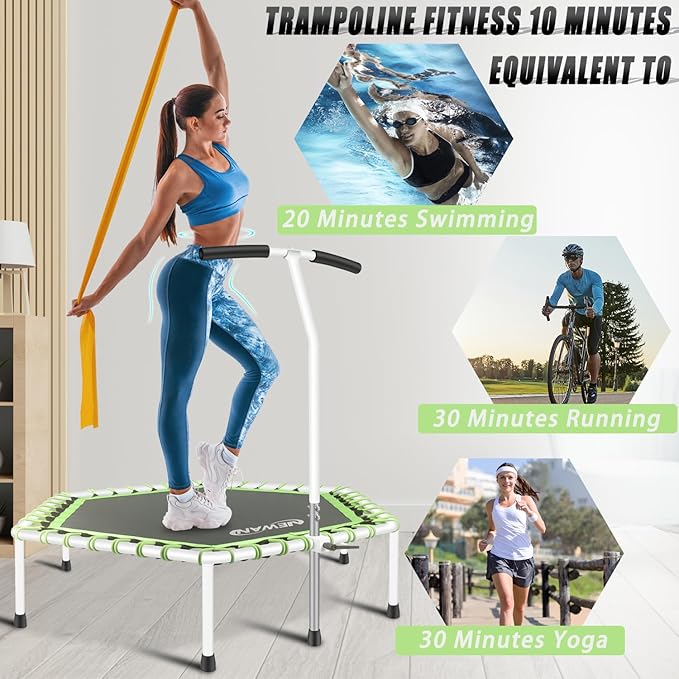 Newan 48'' Fitness Trampoline with Adjustable Handle Bar, Silent Trampoline Bungee Rebounder Jumping Cardio Trainer Workout for Adults - Max Limit 330 lbs