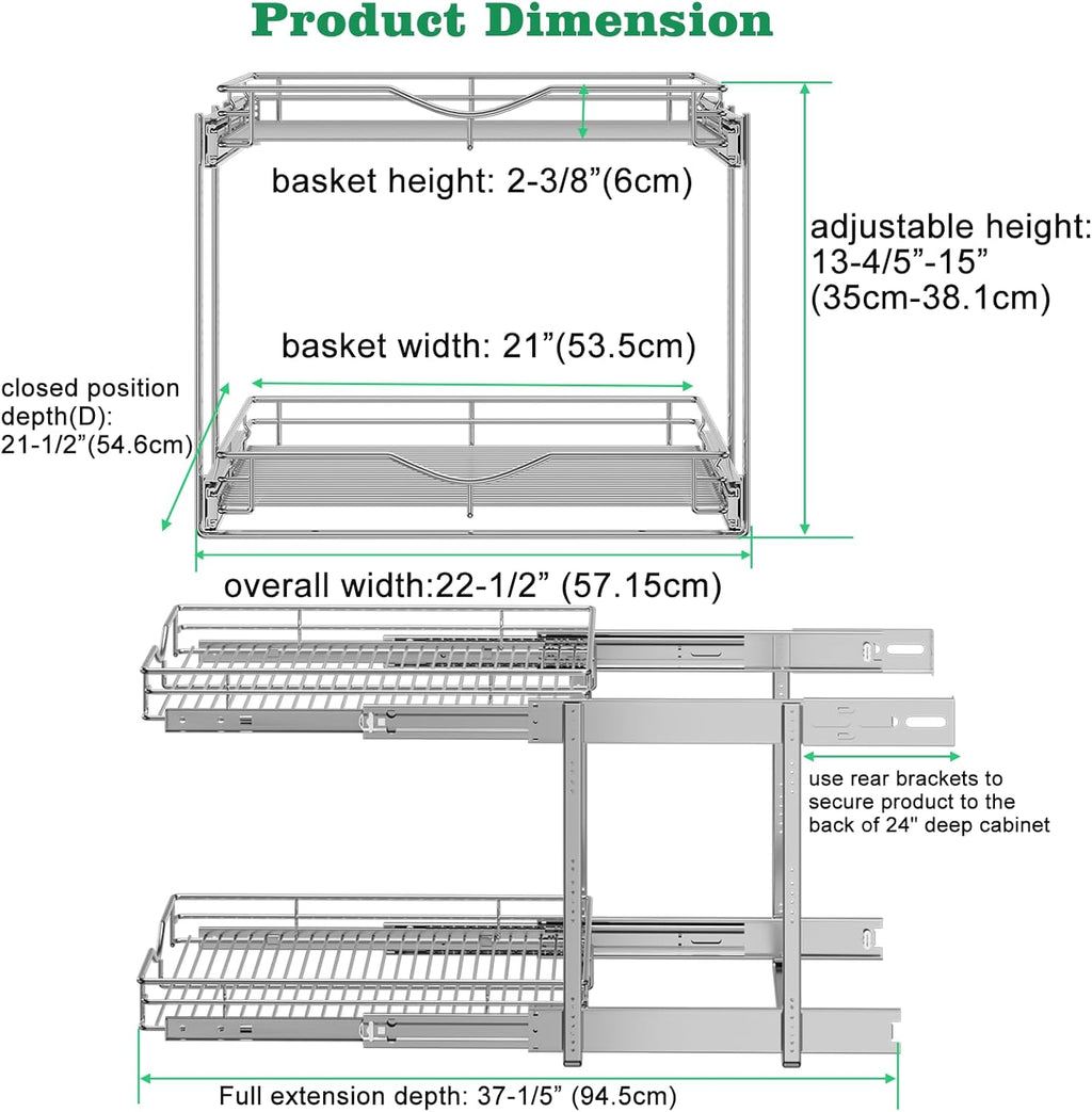 DINDON Pull Out Cabinet Organizer (22-1/2" W x 21-1/2"D), Cabinet Pull Out Shelves, 2 Tier Pull Out Drawers for Kitchen Cabinets, Wire Basket Slide Out Shelf, Pot and Pan Organizer