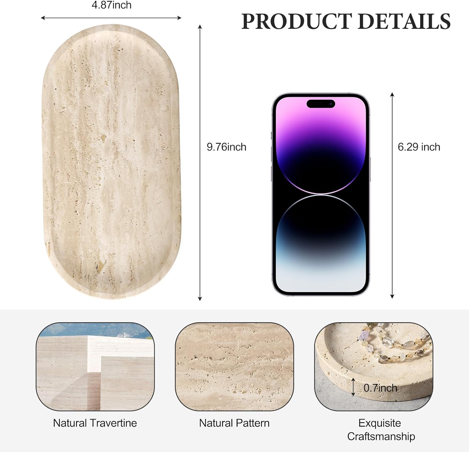 Koville Natural Marble Tray for Bathroom Counter, 10" x 5" Travertine Marble Storage Trays for Perfume, Cosmetics, Jewelry, Vanity Tray Stone Trays for Home, Decorative Tray for Dresser Organizer